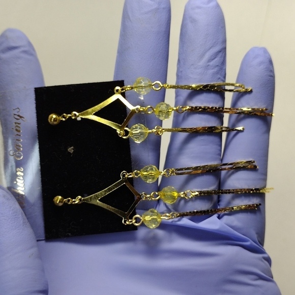 Gold-Tone Chandelier Drop Earrings – 3" Yellow Beaded Fringe Statement Jewelry - Picture 7 of 8